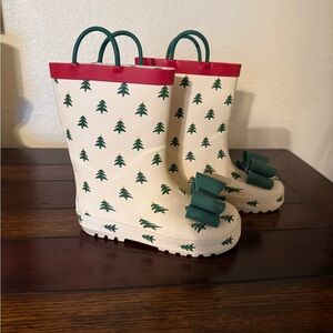 Sweet Honey  Cream and Green Christmas Tree Pattern Rain Boots